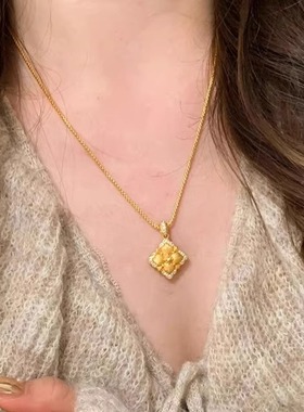 中古金色拉丝四叶草吊坠项链女轻奢宫廷风颈链小众个性设计戒指