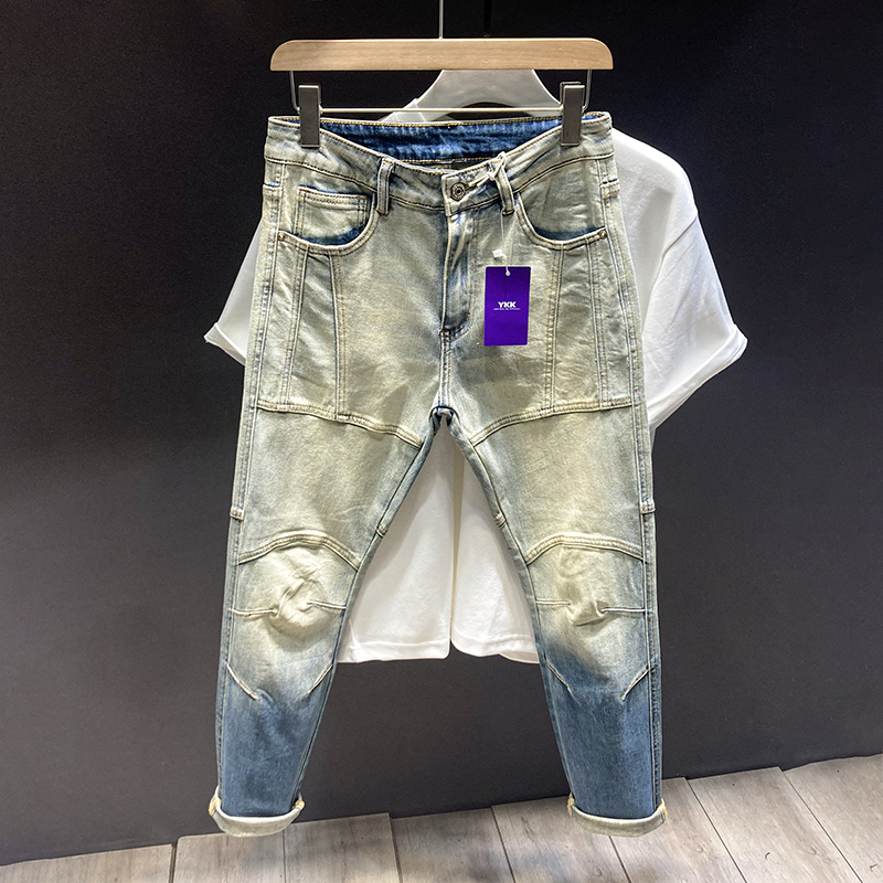 美式复古拼接机车牛仔裤男秋季潮牌修身小脚重磅水洗工艺时尚长裤