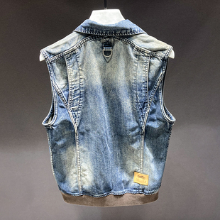 复古夹克背心外套 潮牌翻领无袖 高品质牛仔马甲男2024春秋新款 美式