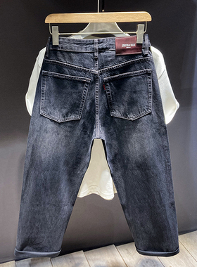 高端复古潮牌马骝水洗扎花黑色牛仔裤男士宽松直筒长裤子美式高街