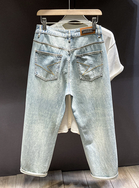 浅蓝色破洞牛仔裤男潮牌春秋新款宽松直筒日系复古休闲阔腿长裤男