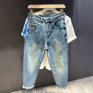 刺绣牛仔裤男2024新款潮牌修身直筒小脚裤潮流复古时尚青年长裤子