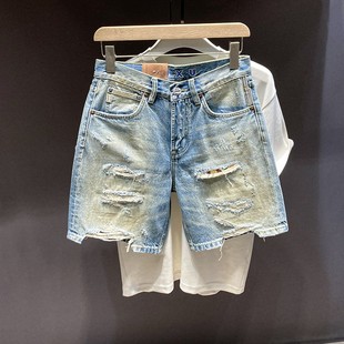 子夏季 2025夏季 男宽松复古潮流百搭休闲五分中裤 破洞牛仔短裤 新款