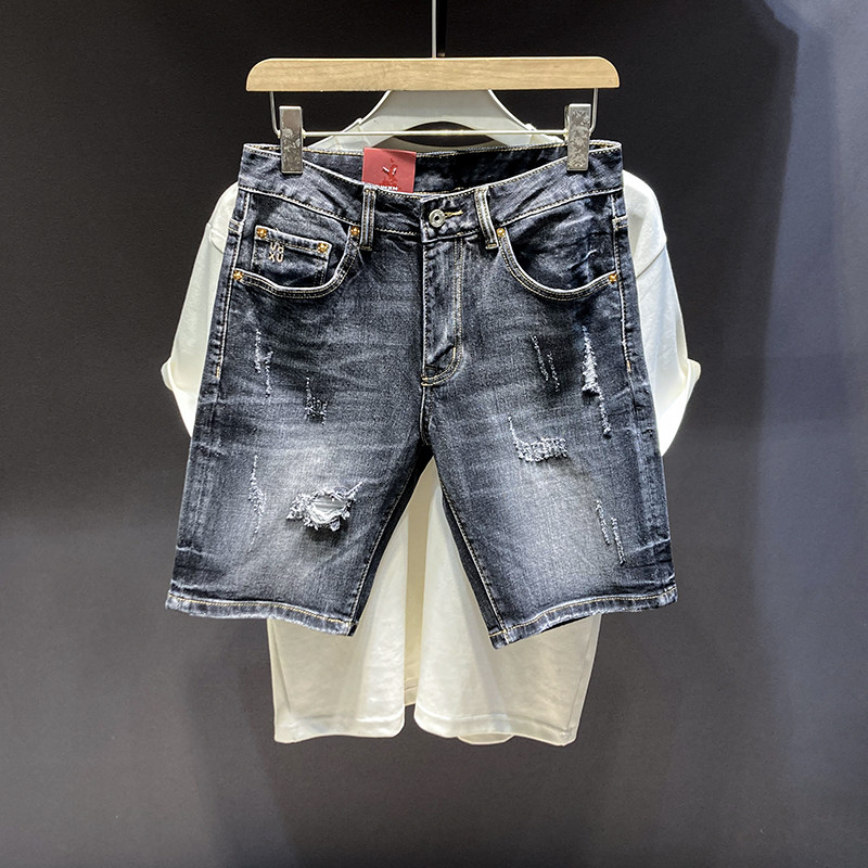 高街破洞缝补浅蓝牛仔短裤男潮流夏季新款帅气修身五分中裤子韩版