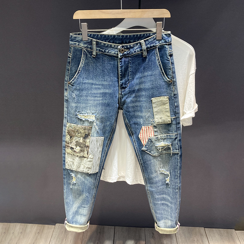 修身小脚破洞补丁弹力裤子