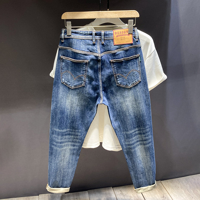 高端牛仔裤男2025秋季新款修身小脚刺绣韩版八分休闲九分弹力长裤