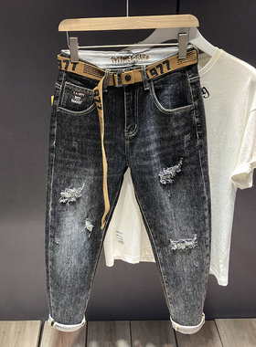 复古2023年黑色牛仔裤男潮牌修身小脚韩版潮流破洞补丁男裤子秋冬
