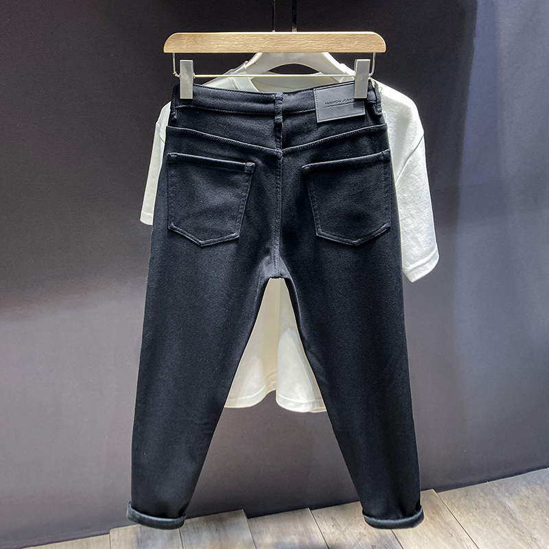 纯黑经典百搭加绒保暖修身小脚牛仔长裤潮男冬弹力水洗厚绒九分裤