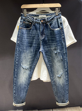 秋季香港大牌复古蓝色牛仔裤男士修身小直筒潮牌刺绣弹力轻奢长裤