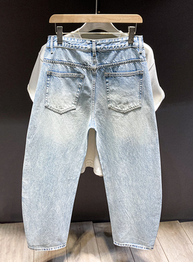 秋季新款浅蓝色水洗简约弯刀牛仔裤男复古宽松阔腿痞帅潮牌直筒裤