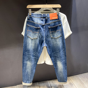 日系复古秋冬潮流新款九分牛仔裤矮个子男八分修身弹力小脚长裤男