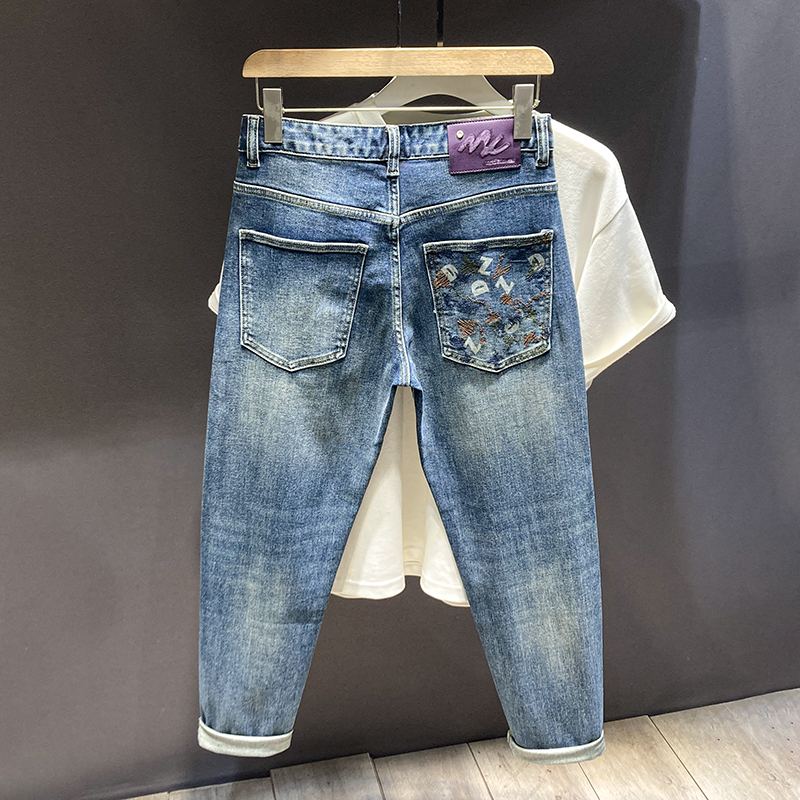 九分牛仔裤男修身小脚潮牌刺绣个性裤子2025秋冬蓝色潮流欧货长裤