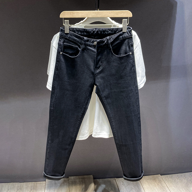 纯黑色牛仔裤男士秋冬九分潮牌修身小脚裤加绒加厚高弹力长裤男潮