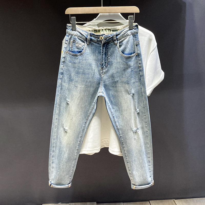 春季潮牌补丁破洞牛仔裤男士弹力合体直筒韩版潮流时尚刺绣男裤子