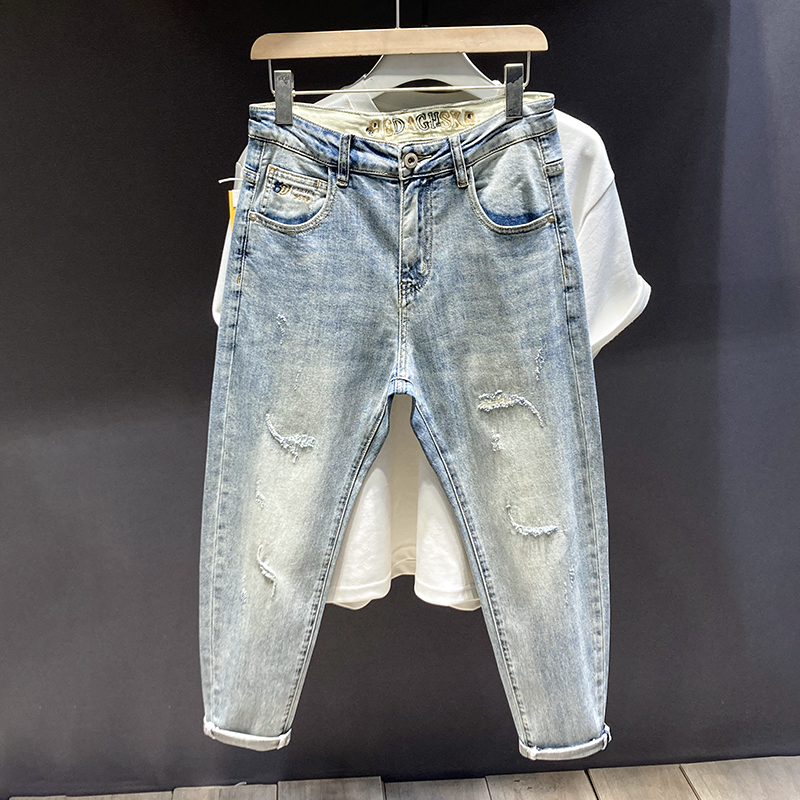 复古做旧牛仔裤男春秋潮牌新款补丁刮烂破洞合体直筒弹力青年长裤