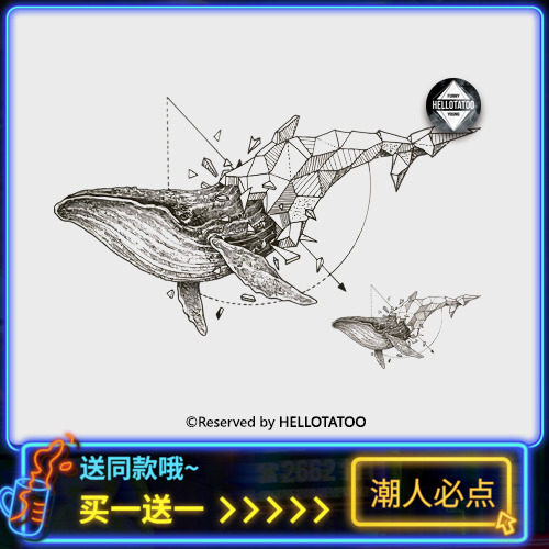 几何鲸鱼蓝鲸花臂 手绘黑白原创防水纹身贴男女持久情侣遮瑕贴纸