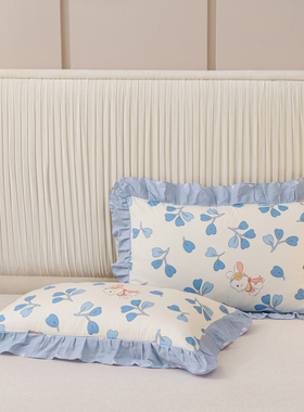 全棉荷叶边花边蓝色田园风小碎花小清新枕套一对装大尺寸女生可爱