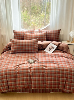 全棉水洗棉a类母婴级红色条纹格子主卧高级感四件套轻奢英伦风