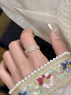 兮语「花篱」足银999.9繁花国风银戒指描金珐琅彩开口指环新中式