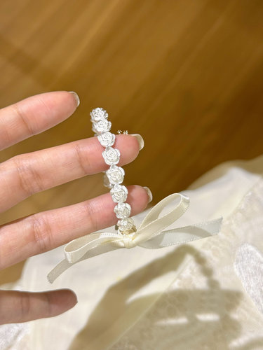 兮语「玫香」足银999.9手工錾刻玫瑰花手镯女纯银新中式国风礼物