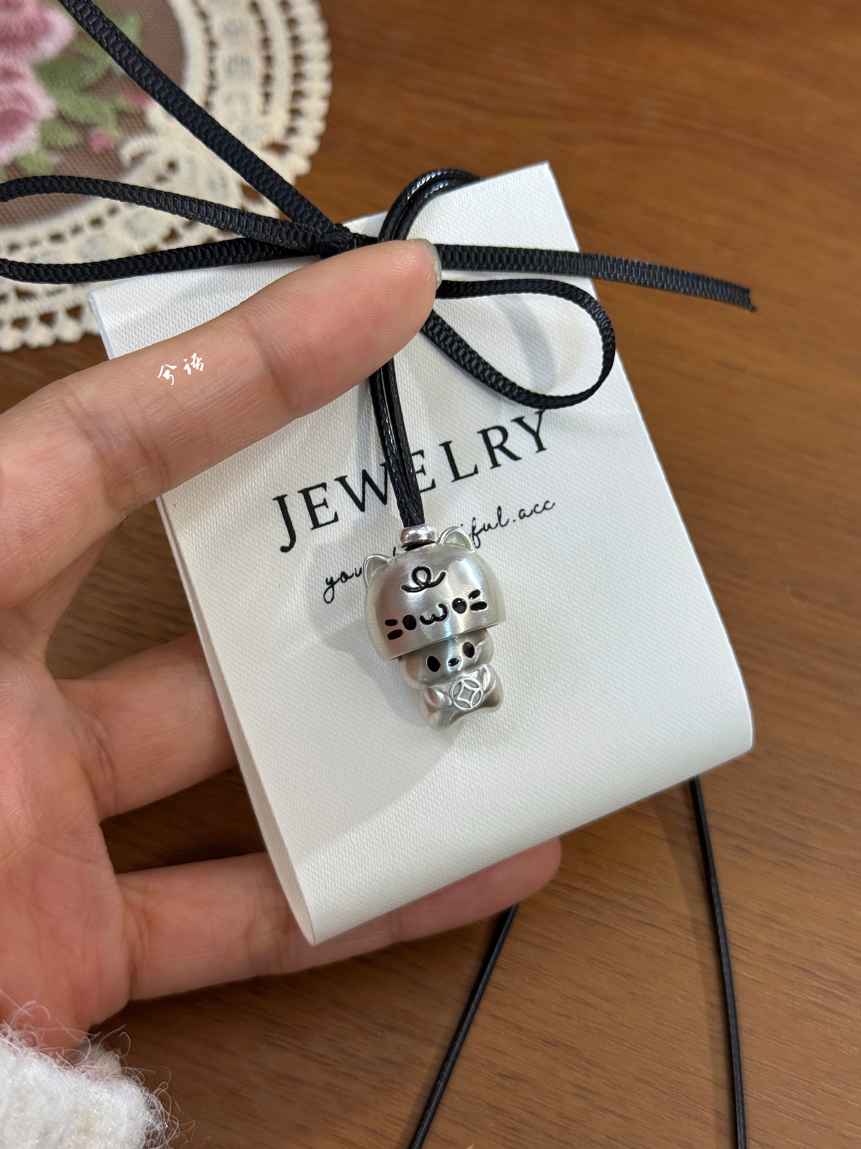 兮语「躲猫猫」足银999.9纯银项链女猫咪吊坠毛衣链新中式国风