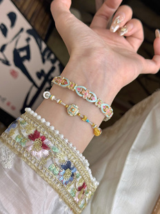 兮语「青篱」足银999.9描金珐琅彩福禄银手镯女新中式 国风礼物