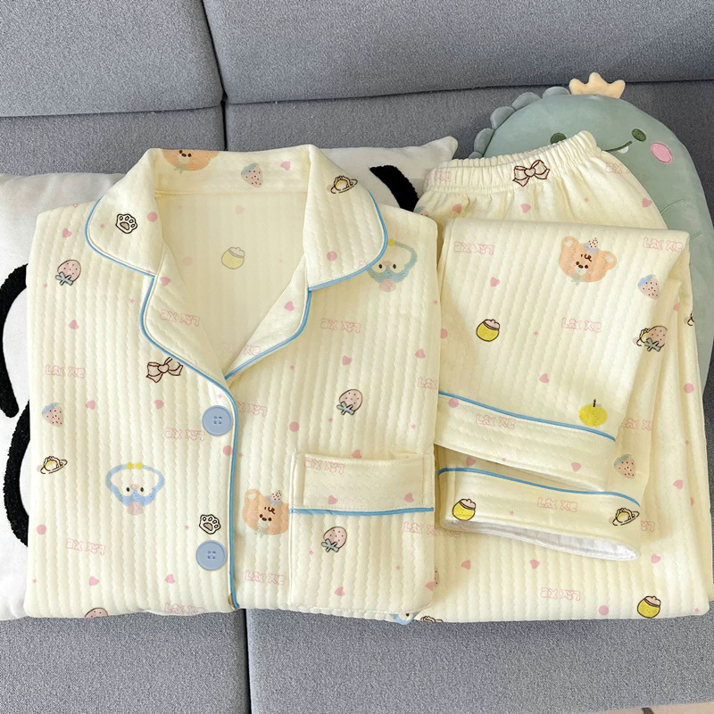 空气棉夹层睡衣女秋冬卡通可爱甜美学生休闲可外穿加厚家居服套装