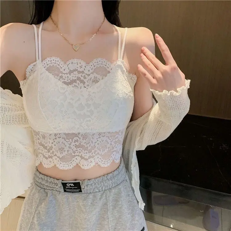 蕾丝美背性感吊带背心女外穿内搭防走光带胸垫薄款抹胸大码夏季