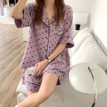 Cloud-Like Cotton Pajamas for Women, Summer Short-Sleeved Shorts, Cardigan, Loose ins Sweet Mesh Summer Home Wear Set
