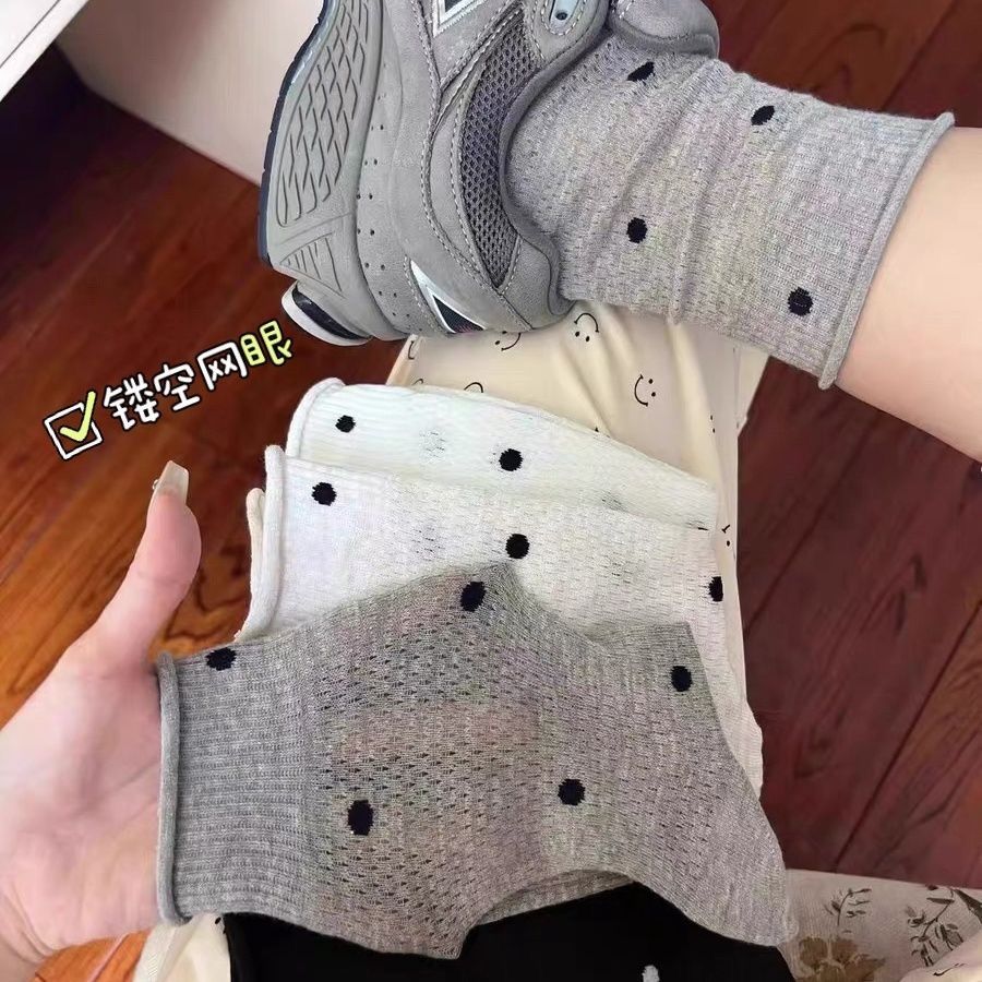 灰色波点袜子女款秋冬季纯色中筒袜日系卷边堆堆袜配乐福长袜无骨