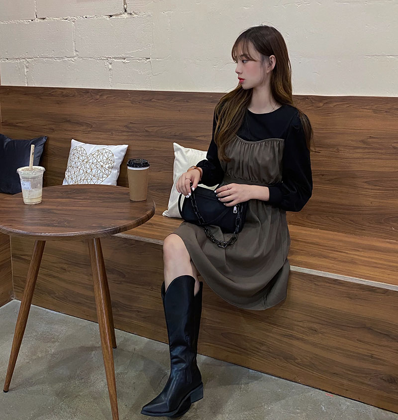 Real price foreign chic pleated stitching A-line skirt fashion thin long sleeve dress