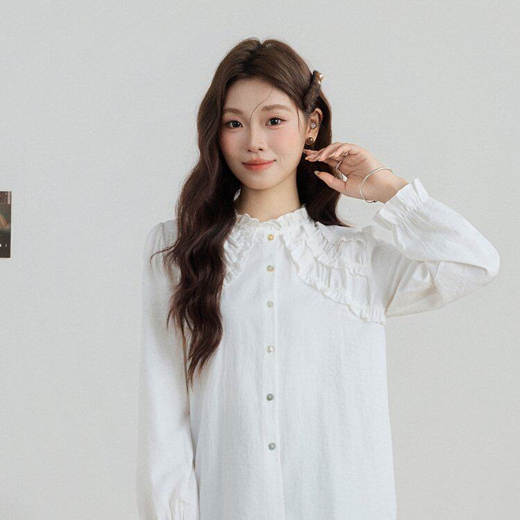 韩版气质甜美花边荷叶边领单排扣长袖衬衫女宽松显瘦纯色上衣内搭