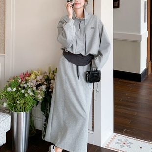 春上新！立领长袖卫衣女+宽松显瘦半身裙休闲运动两件套套装