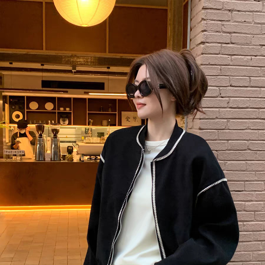 麦穗纹复古休闲短款棒球服女2024新款秋季宽松黑色夹克外套