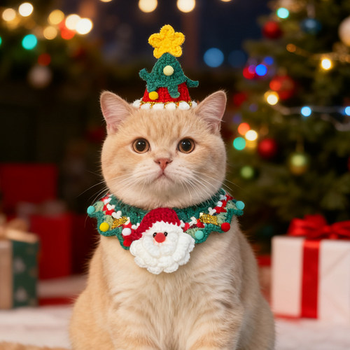 毛线圣诞手工针织蝴蝶结装饰猫咪