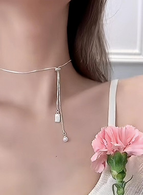 气质轻奢珍珠方牌抽拉项链女2025新款锁骨链时尚百搭高级感配饰潮