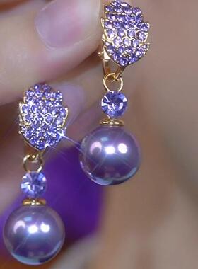 紫色树叶珍珠耳环轻奢小众独特优雅满钻耳扣2024秋冬新款爆款耳饰