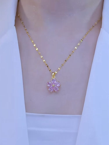 粉色锆石花朵项链女钛钢不掉色