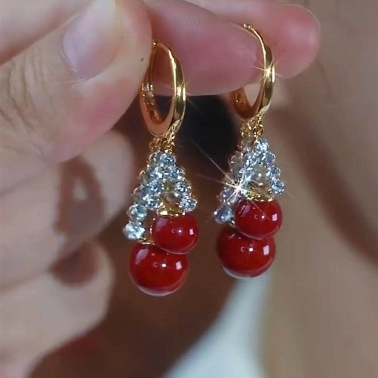 新年新款镶钻红色珍珠流苏耳扣轻奢小众名媛风耳环高级感百搭耳坠