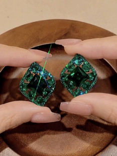 高级感几何菱形祖母绿色水晶耳钉网红夸张气质设计感耳环银针耳饰