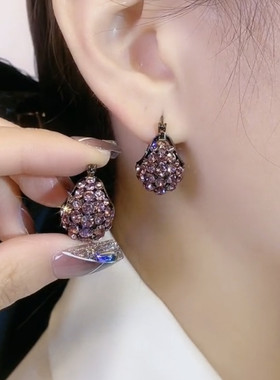 气质优雅紫色水晶提篮耳扣网红轻奢复古港风耳环2023年新款潮耳饰