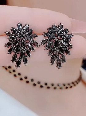 气质高级感黑色锆石耳钉网红新款时尚百搭独特大气耳环防过敏耳饰