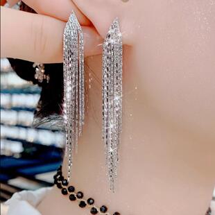 气质长款银色流苏耳环时尚百搭耳钉925银针高级感轻奢方圆脸耳饰