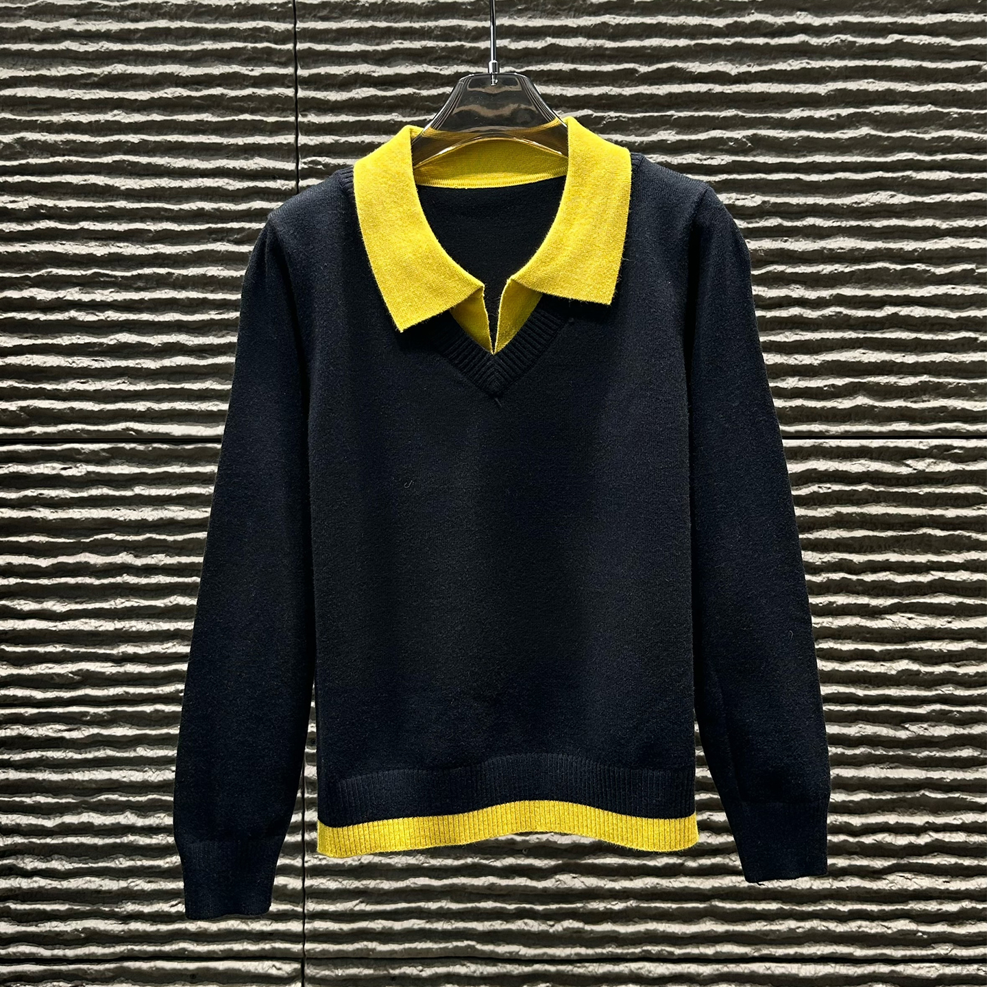 美式撞色翻领假两件针织衫女26春季小马套头休闲通勤风毛衣上衣