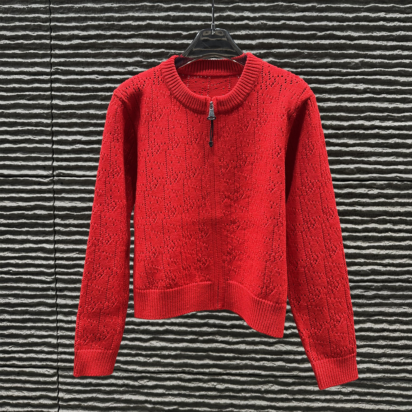 红色拉链针织开衫女镂空宽松短款毛衣外套小个子穿搭上衣,女装/女士精品,毛针织衫,淘宝优惠券,粉丝福利购,淘宝优惠卷