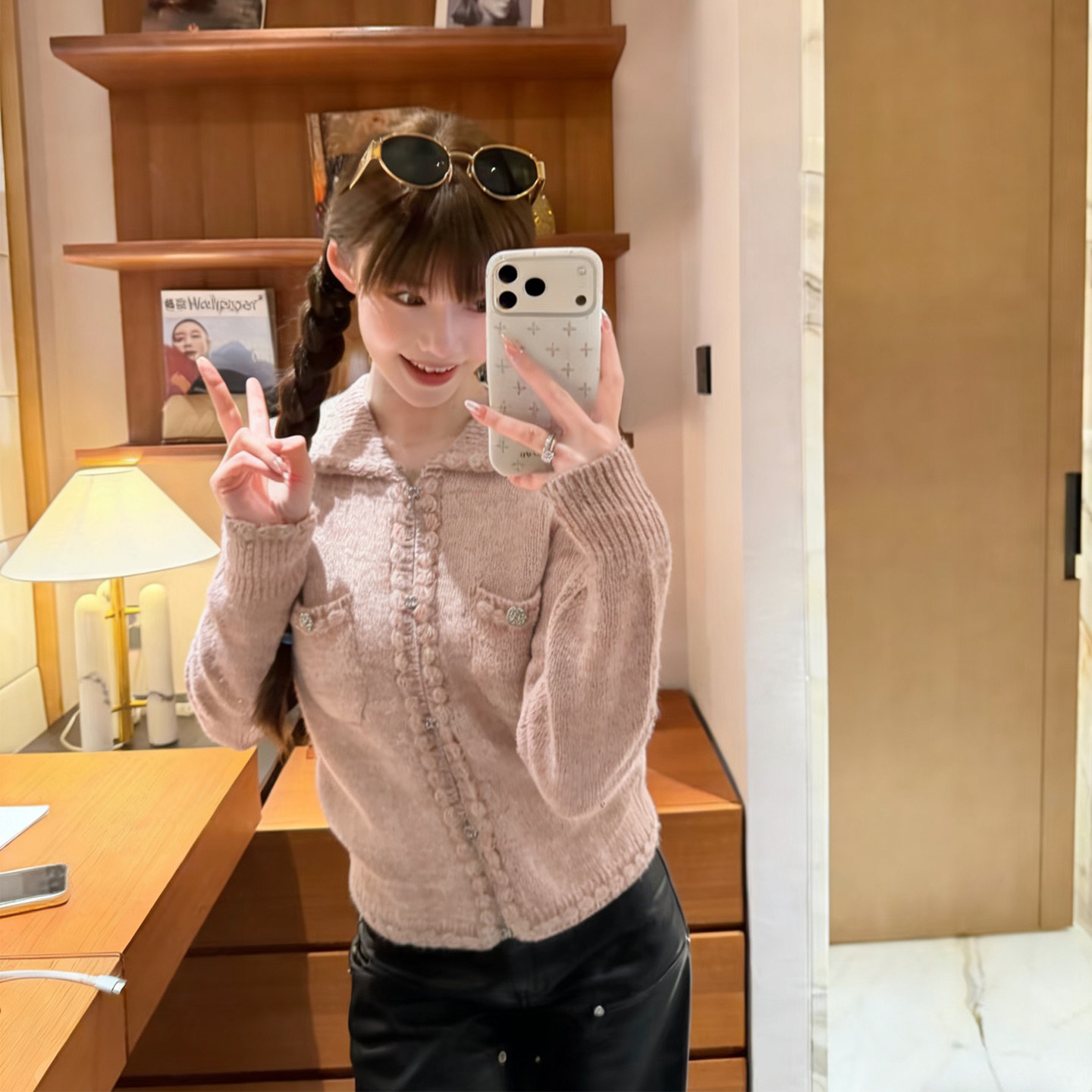 小香浅粉色原版纽扣针织开衫女26秋冬翻领手工编织花边毛衣外套
