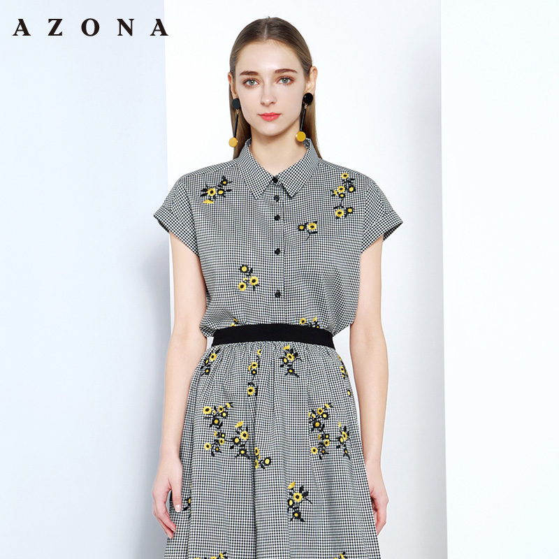 AZONA/阿桑娜商场同款2018夏新款休闲格子短袖衬衫女A1S2C0551BL