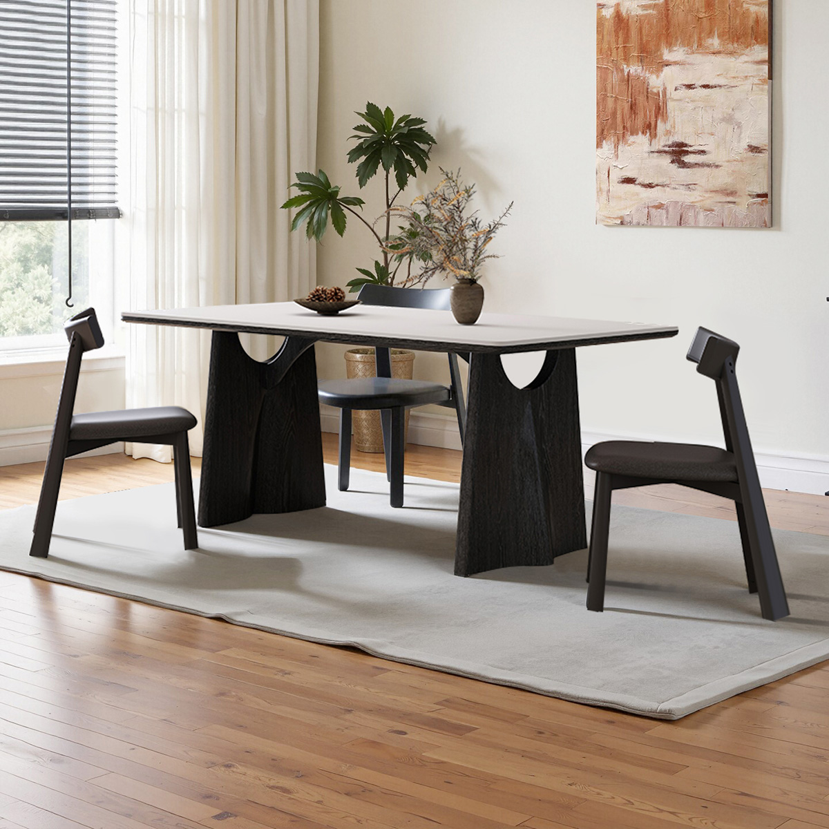 意式极简长方形实木岩板飞鸦餐桌