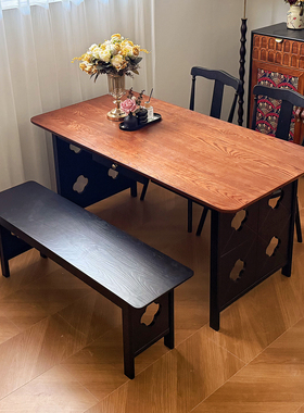 法式中古风实木餐桌黑色复古风家用小户型宋式美学长方形吃饭桌