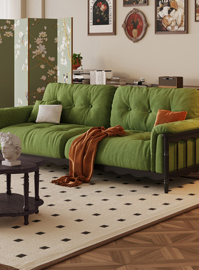 法式复古风婴儿绒布艺沙发中古客厅墨绿色直排多人位新款实木沙发